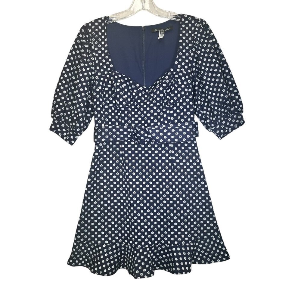 ANTHROPOLOGIE HUTCH Dress Women's 6 Floral Navy Polka Dot Puff Sleeve Belt Mini - Picture 2 of 10